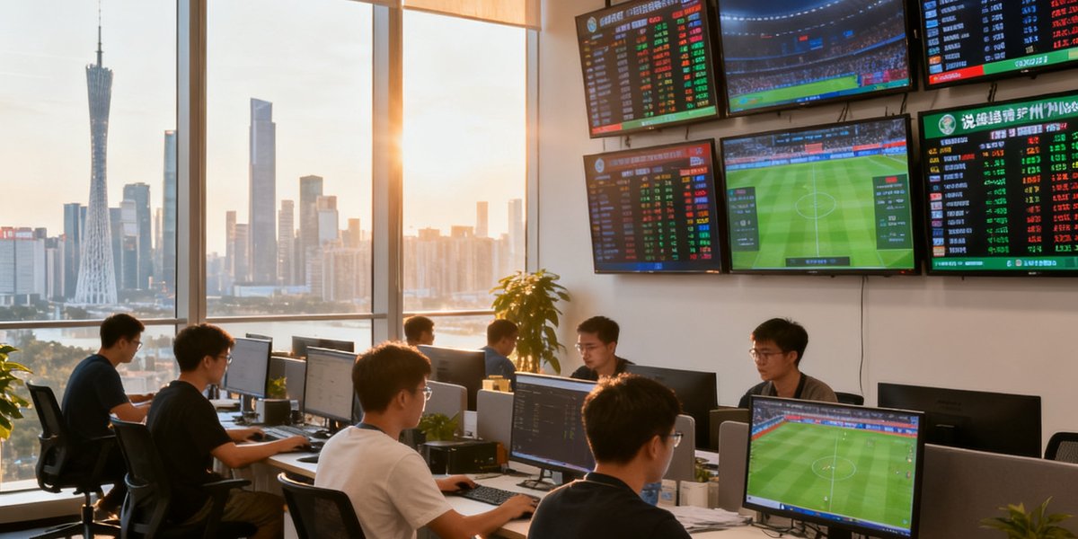 说球帝广州总部办公室实景照片，开放式工位区域坐满了专注工作的年轻员工，墙面上悬挂着多块大屏幕实时滚动显示全球赛事比分数据，落地窗外是广州天河CBD的城市天际线，阳光透过玻璃洒入室内